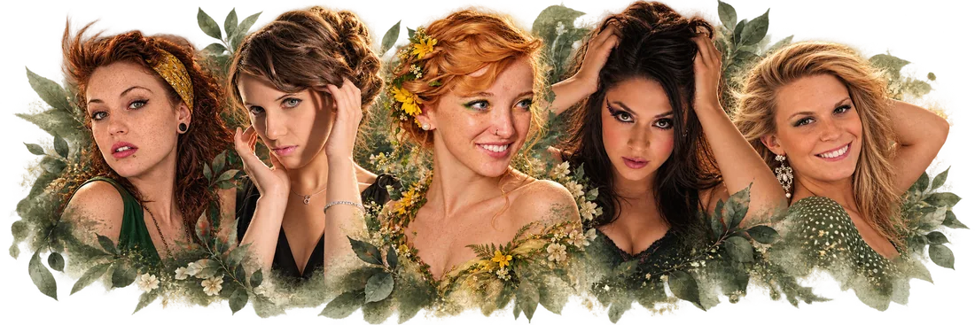 Five studio portraits of women side by side, framed by painted leaves and small yellow and white flowers.