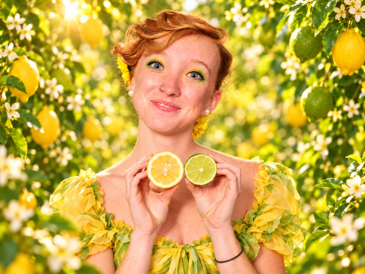 A red-haired woman in a yellow-and-green dress holds a lemon half and a lime half beneath her face in a citrus orchard.