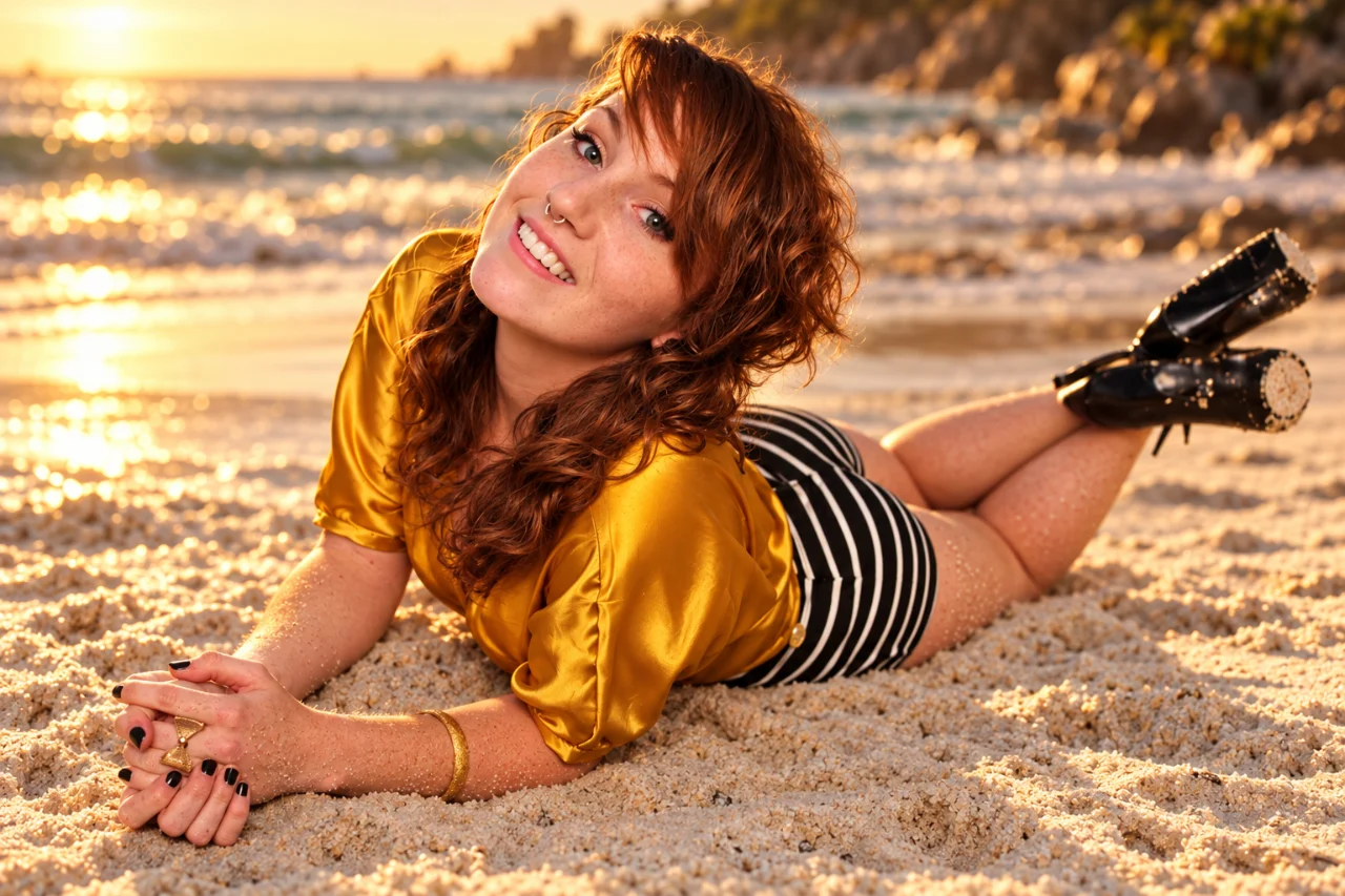 A freckled red-haired woman lies on her stomach on a sandy beach at sunset, smiling toward the camera. She wears a mustard-gold blouse, black-and-white striped shorts, and black ankle boots, with her feet raised behind her.