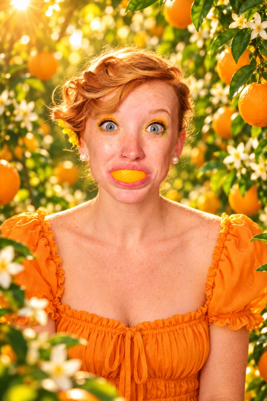 A wide-eyed red-haired woman in an orange dress holds an orange wedge in her mouth while surrounded by oranges, leaves, and blossoms.