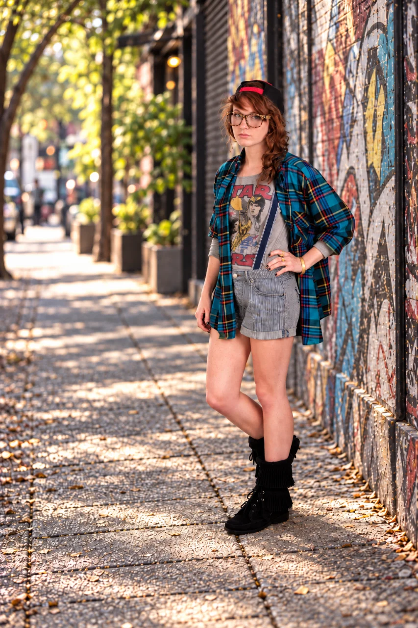 A freckled red-haired woman stands on a sunlit city sidewalk beside a colorful graffiti wall. She wears glasses, a backward black-and-red cap, an oversized blue plaid shirt, a Star Wars T-shirt, striped shorts, and black fringed boots.