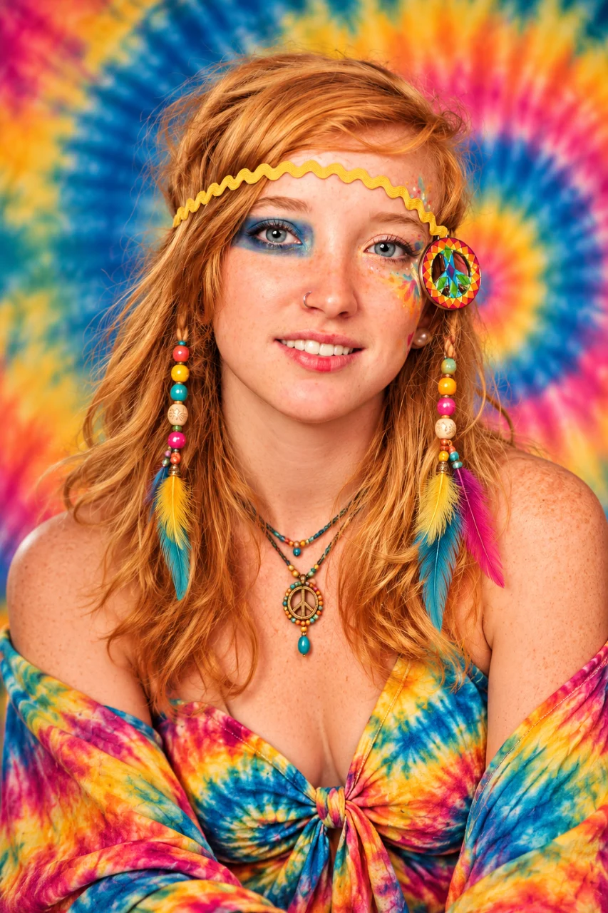 A red-haired woman in colorful tie-dye clothing wears a beaded headband, feather decorations, bright makeup, and a peace-sign necklace.