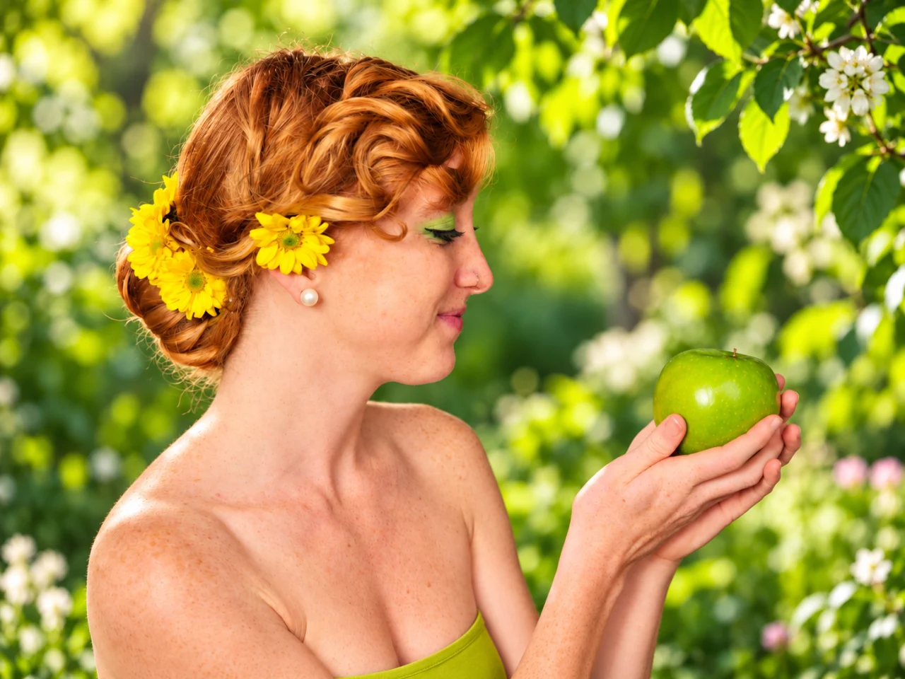 A red-haired woman with yellow flowers woven into her hair holds a green apple while looking at it in a sunlit garden.